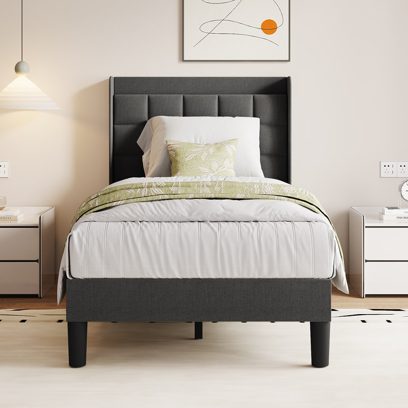 Linen fabric soft bed frame with USB charging port, Grey, Single (3')