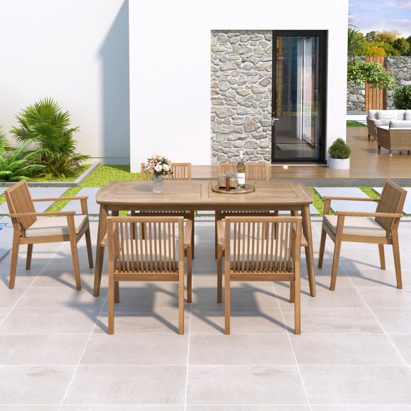 Ensemble de salle à manger 7 pièces en bois d'acacia 7 pièces - Table 70,75 po et 6 chaises avec coussins amovibles pour patio