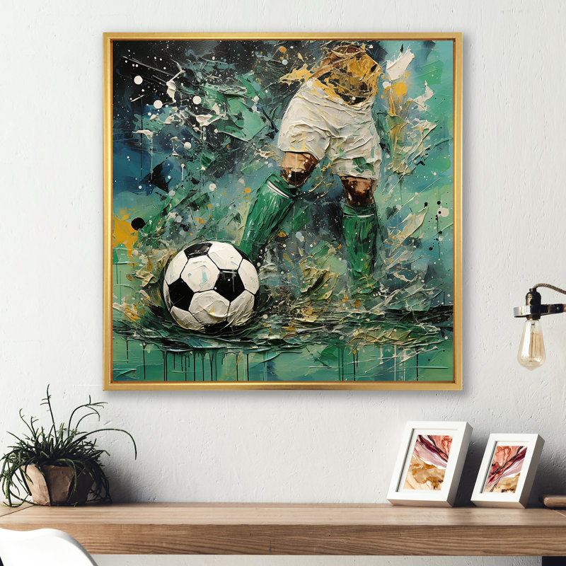 Joueur de soccer abstrait vert - art mural soccer, Cadre flottant doré, H 16 po x l 16 po x P 1 po