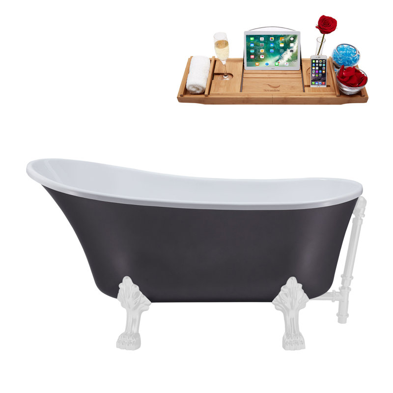 55" Streamline Clawfoot Soaking Acrylic Bathtub With Drain, Clawfeet, and Bamboo Tray, Glossy White, Glossy White