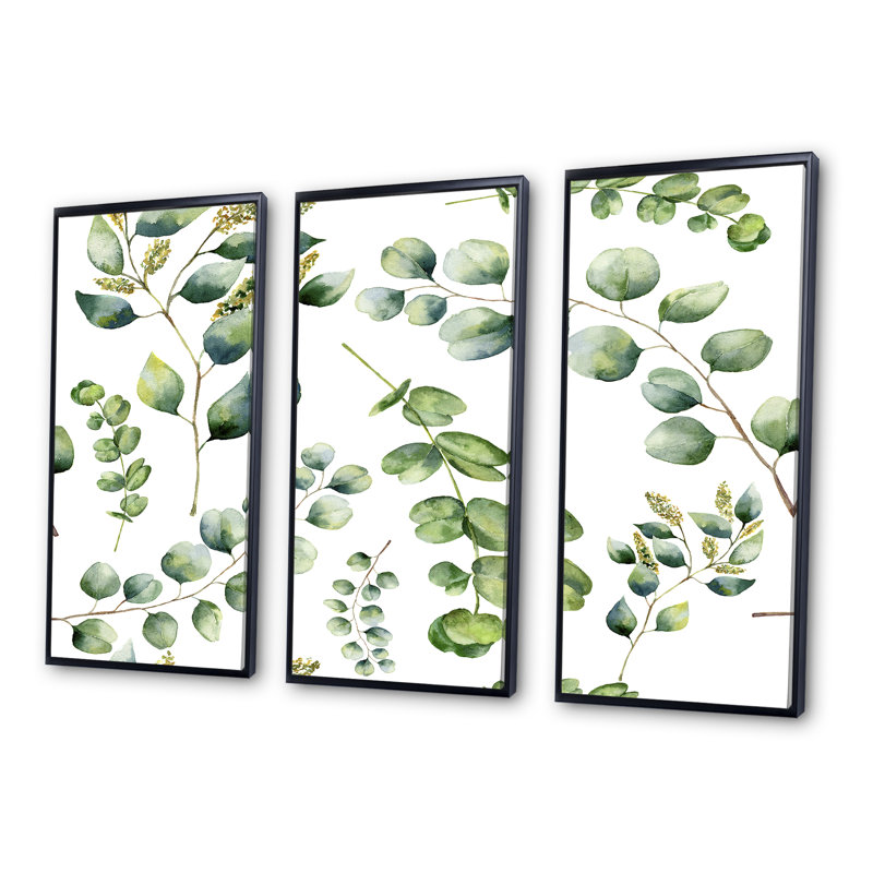 Green Eucalyptus Branches III - ensemble d'art mural sur toile traditionnel encadré 3, Noir, H 28 po x l 36 po x P 1 po