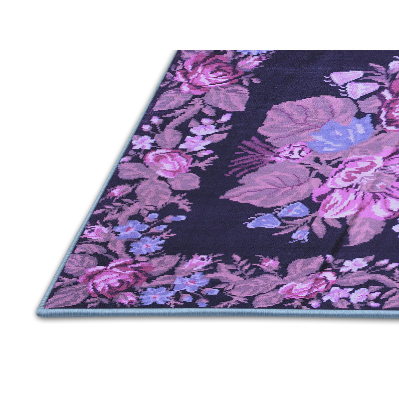 Tapis bleu / noir / rose à motif floral tissé à la machine 6 pi x 9 pi Idola