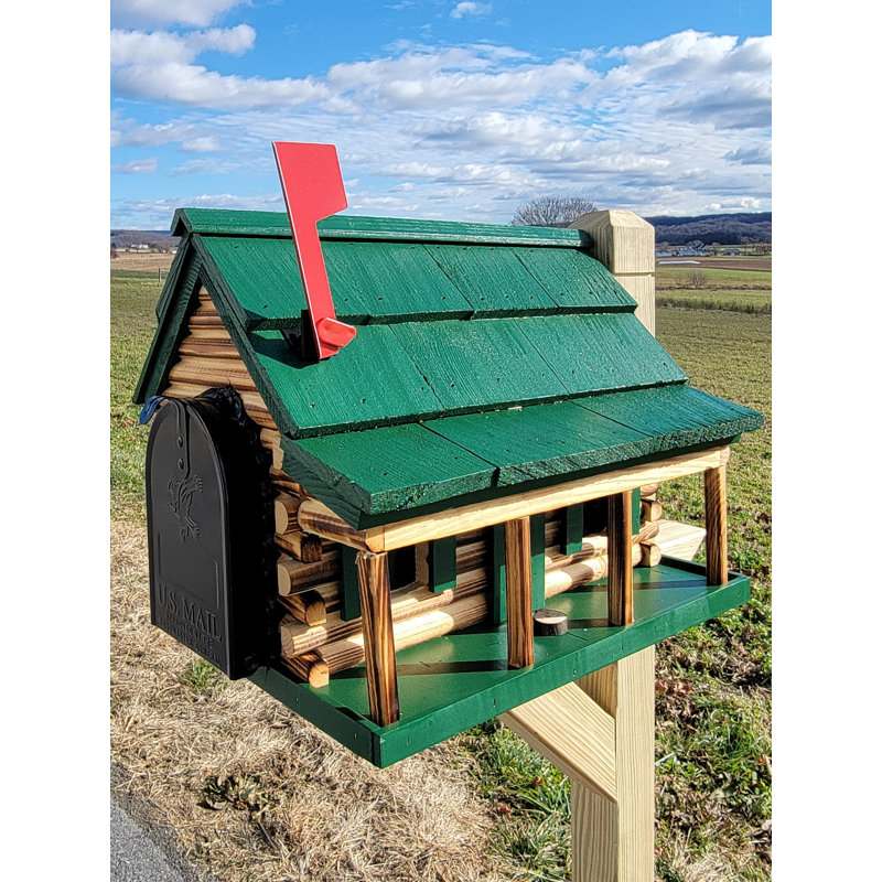 Amish Log Cabin Mailbox, Handmade, Green Porch