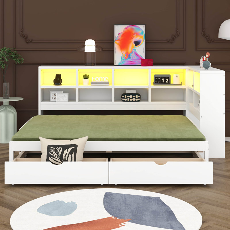 Lit de jour simple TG à très grand avec deux tiroirs de rangement, armoires de rangement à DEL et ports USB, Blanc