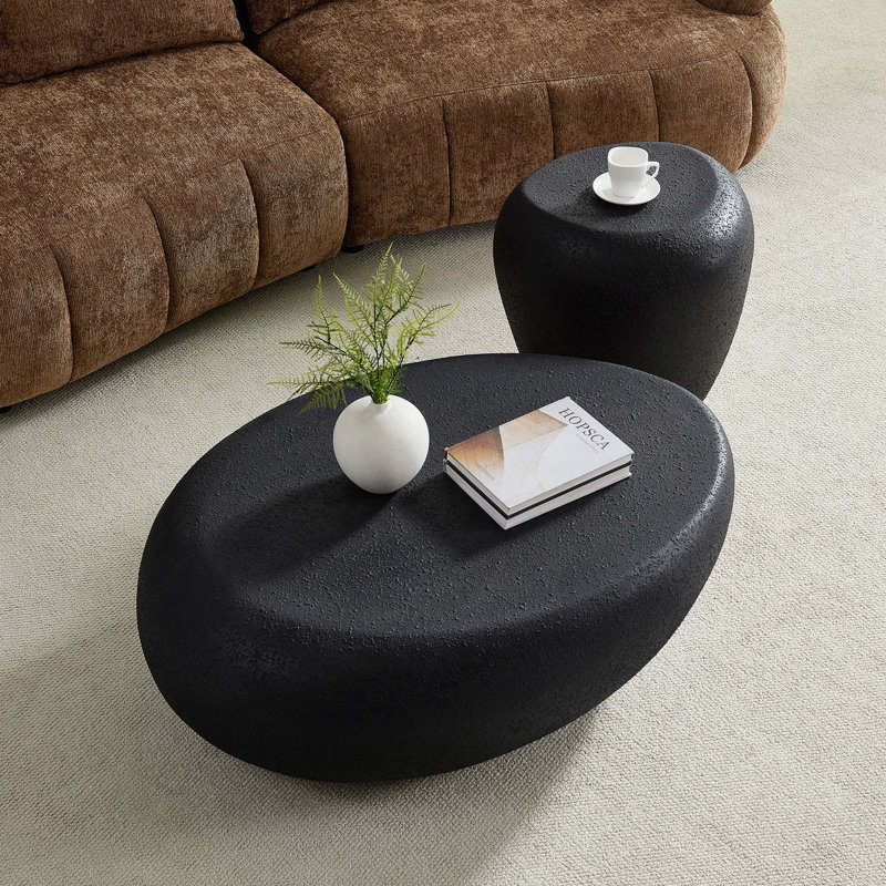Ensemble de 2 tables basses elliptiques en fibre de verre pour salon, aucun assemblage requis, durable et élégant, Noir