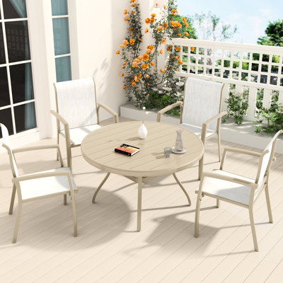 Mobilier de patio 5 pièces, 4 chaises de salle à manger empilables et une table ronde d'extérieur en métal de 40,6 po, 4 places assises, parfaites pour recevoir, avec trou de parasol de 1,57 po à 1,9 po, conception ergonomique, couleurs polies à la main