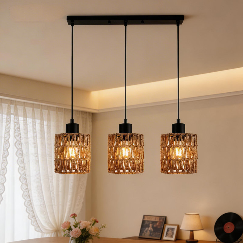 3-Light Rattan Pendant Light, Adjustable Height,Farmhouse Natural Woven Cage(No Bulbs)