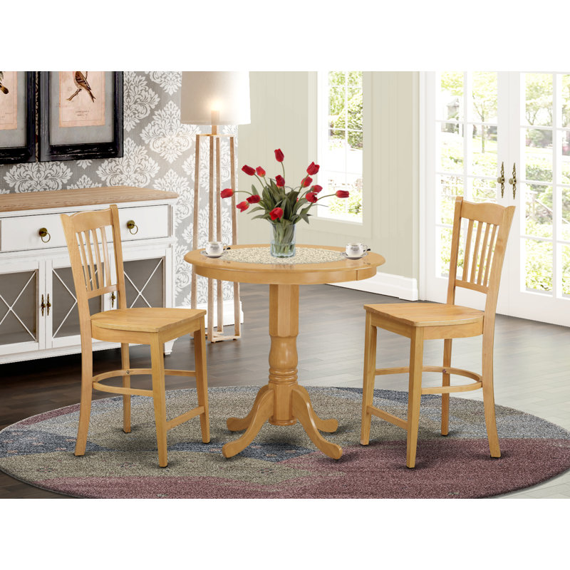 3 Piece Kitchen Counter Height Dining Table Set Contains a Round Wooden Table with Pedestal and 2 Dining Chairs, Oak, Oak