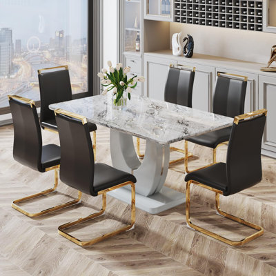 7 Piece - Marbled Dining Table Set