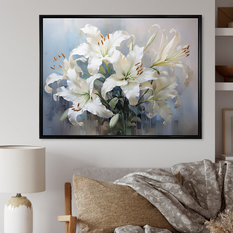 Lys blancs en fleurs - Art mural lys, Cadre flottant noir, H 34 po x l 44 po x P 1,5 po