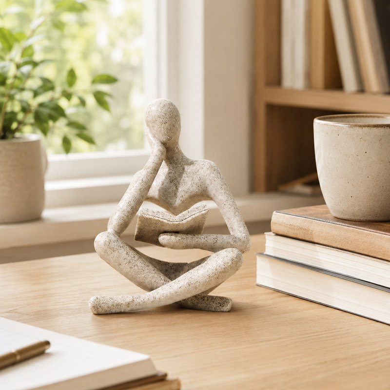 Beige Resin Reading Thinker Statue Abstract Bookshelf Decor