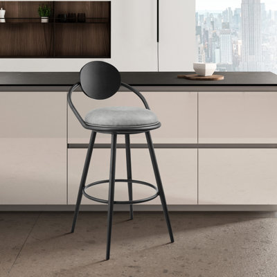 Tabouret de bar 26 po en fer noir et en similicuir gris rétro pivotant à 360 degrés, idéal pour les îlots de cuisine