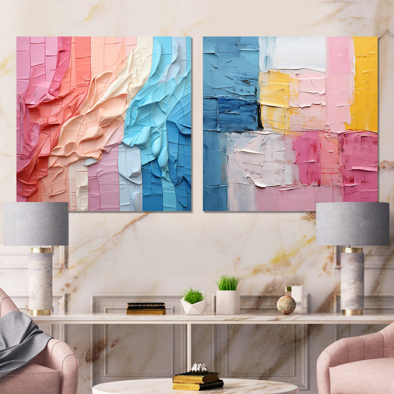 Collage Impressions I - Ensemble de 2 collages abstraits carrés, H 16 po x l 33 po, Toile tendue
