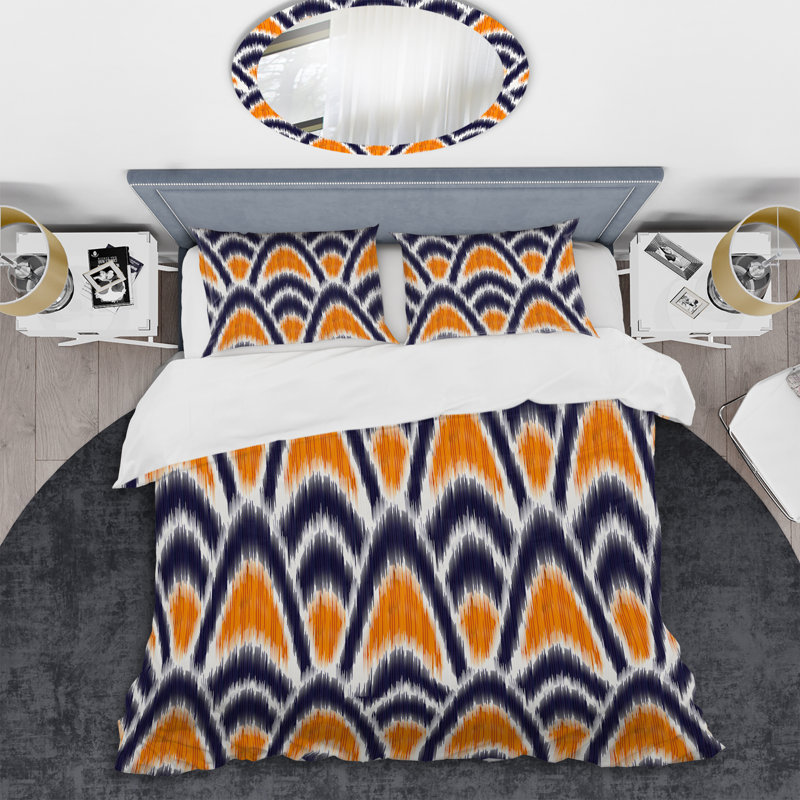 Ensemble de housse de couette abstrait orange et bleu Ikat Ogee - Microfibre de polyester