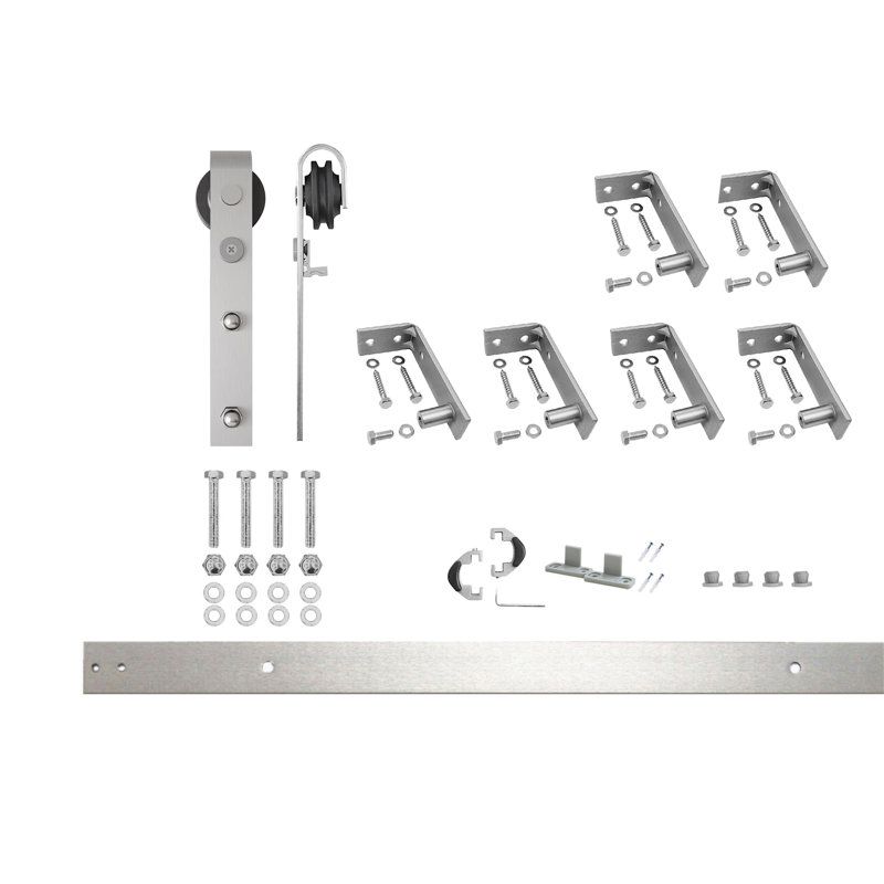 Ensemble de quincaillerie de porte de grange coulissante simple / une porte de grange coulissante simple en nickel brossé simple avec une voie de 7,5 pi de long, pour une porte intérieure (portes non incluses)