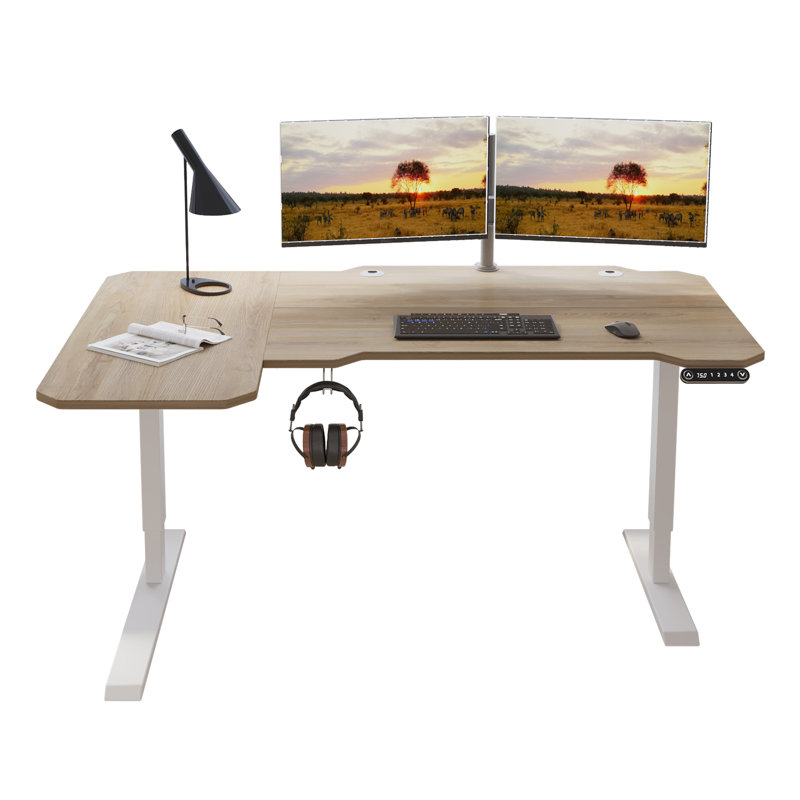 Daycia Height Adjustable L-Shape Standing Desk, Oak/White