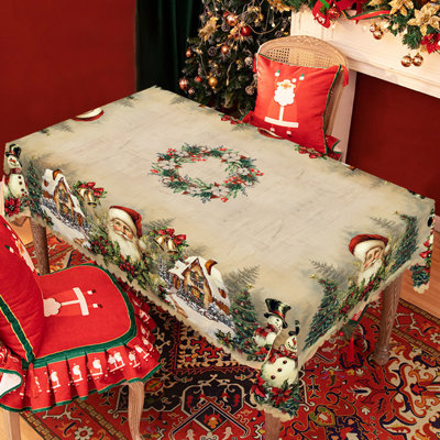 Washable Polyester Retro Santa Claus Pattern Tablecloth for Christmas Decor