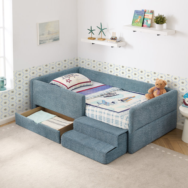 Lit pour enfant multifonctionnel confortable avec garde-corps et rangement Willow, Navy