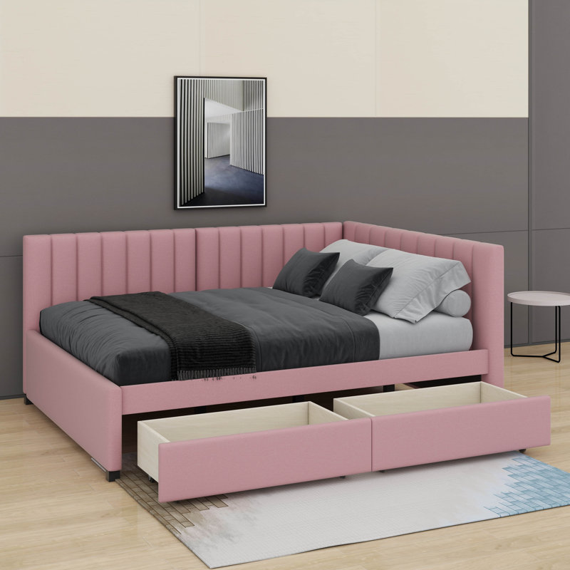 Full Size Upholstered Daybed With 2 Drawers, Pink