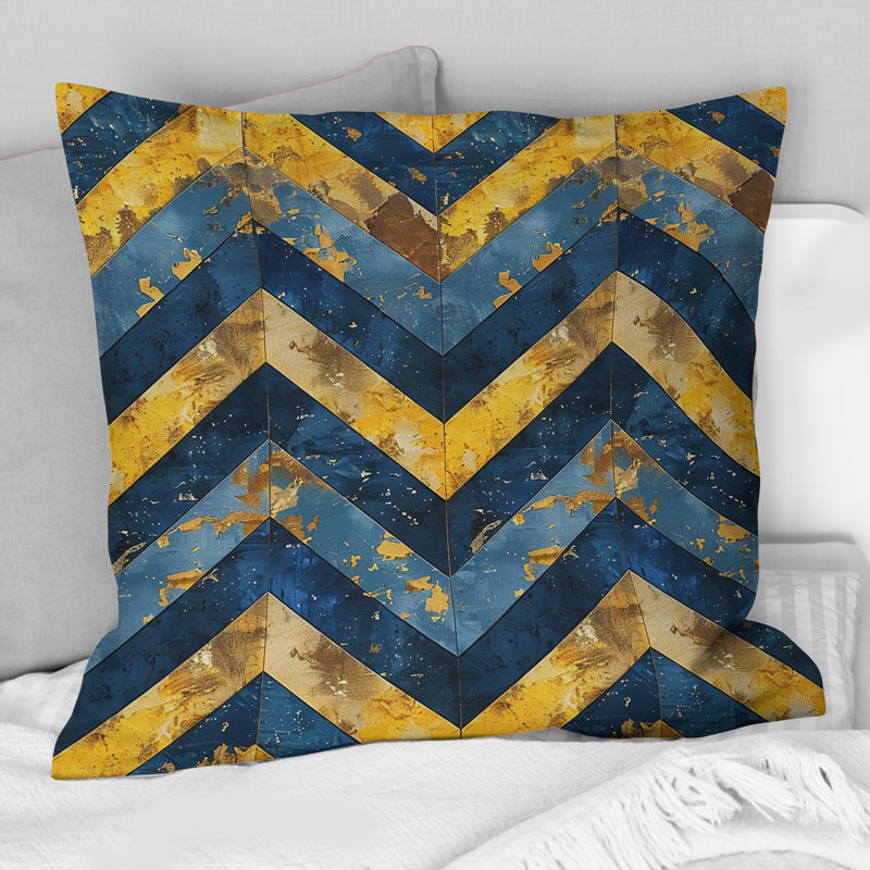 Coussin décoratif bleu doré à chevrons V - Mid-Century Glamour, H 18 po x l 18 po
