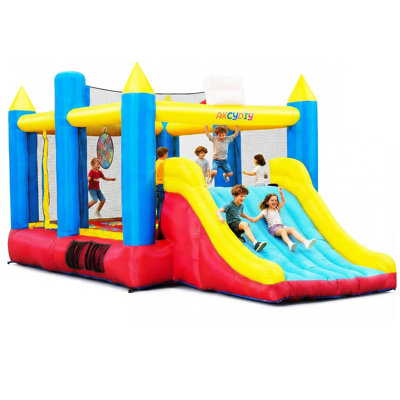 Jeu gonflable de 15,3 pi x 7,9 pi avec souffleur d'air, longue glissade, 2 cerceaux, jeu de fléchettes, mur d'escalade et zone de saut à motifs