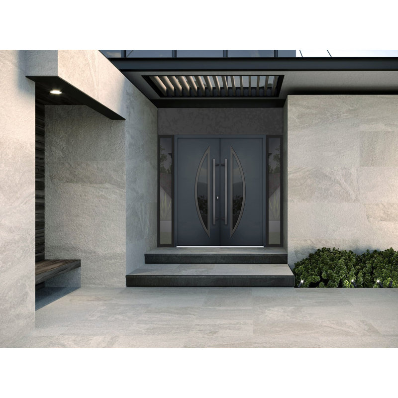 Façade avant extérieure double portes en métal / deux portes en verre anthracite teinté émaillé anthracite 6501/2 fenêtres extérieures latérales latérales / porte d'entrée moderne à ouverture intérieure gauche 104 po x 80 po