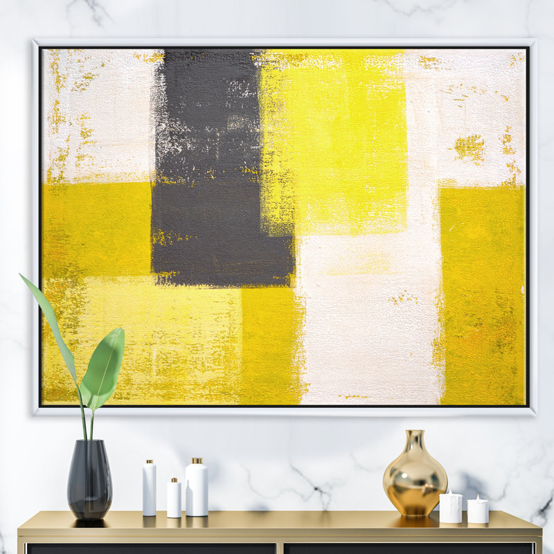 «Gray and Yellow Blue Abstract I», reproduction d'art sur toile, H 12 po x l 20 po x p 1 po, Cadre flottant blanc