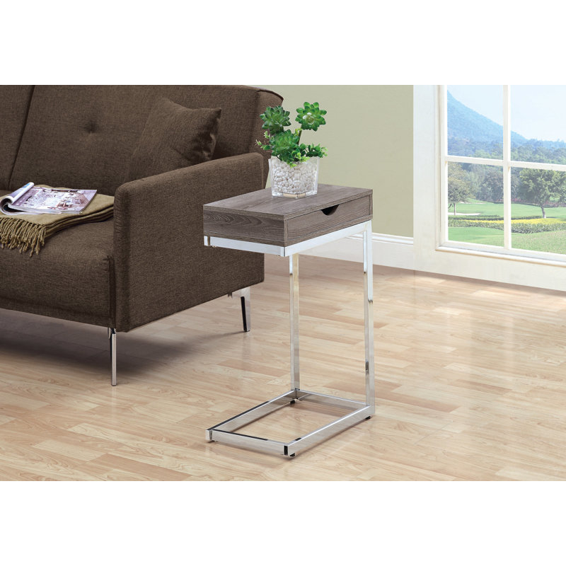 Accent Table C-shaped, End, Side, Snack, Storage Drawer, Living Room, Bedroom, Metal, Dark Taupe, Chrome