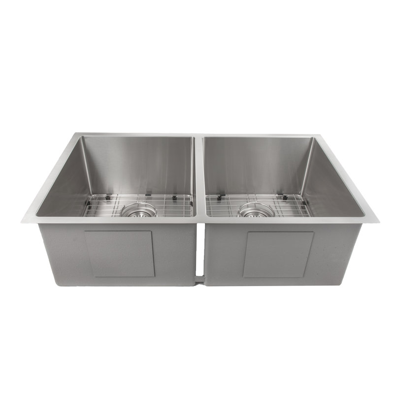 Anton Stainless Steel 33" L x 19" W Double Basin Undermount Kitchen Sink with Basket Strainer