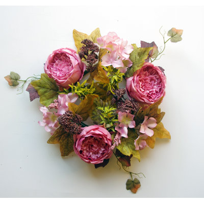 Couronne de polyester en forme de bougie rose et hortensia