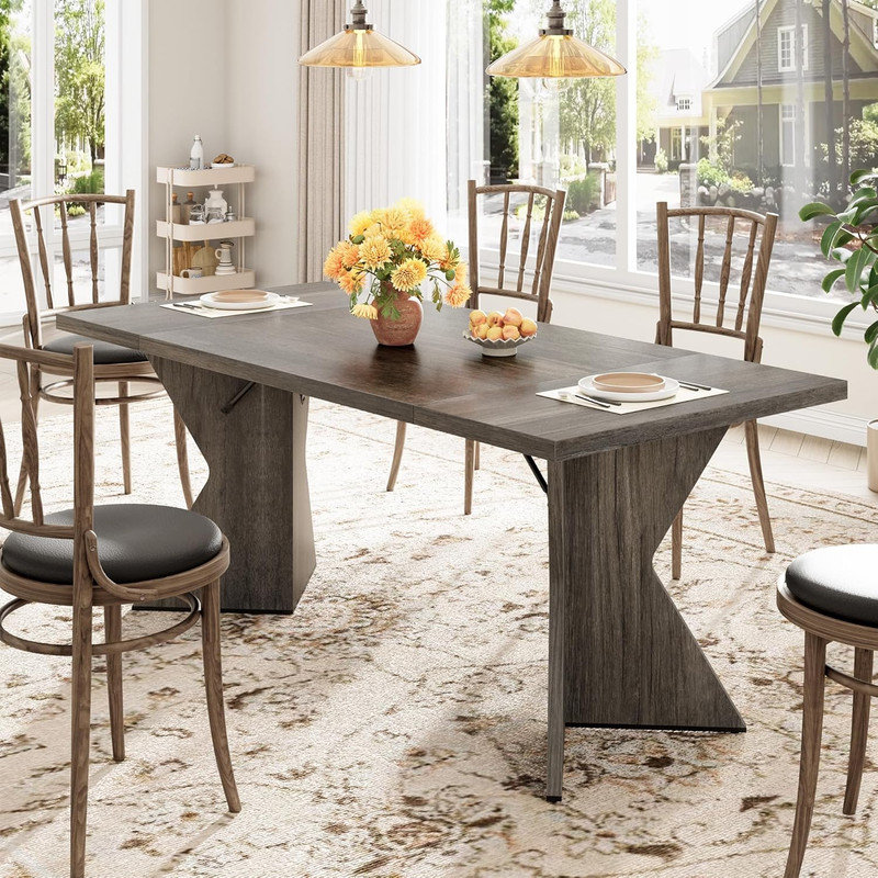 70.9" Farmhouse Dining Table for 6 with V-Shaped Leg, Solid Wood Kitchen Table for Dining Room, Gray