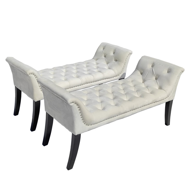 Banc de repose-pieds capitonné avec accoudoirs, tabouret de repose-pieds rectangulaire en tissu de velours beige