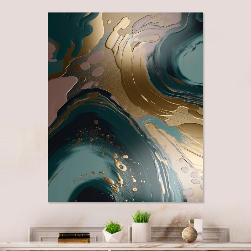 Or et vert abstrait marbré harmonies tourbillons III - marbre décoration murale, H 20 po x l 12 po x P 1 po