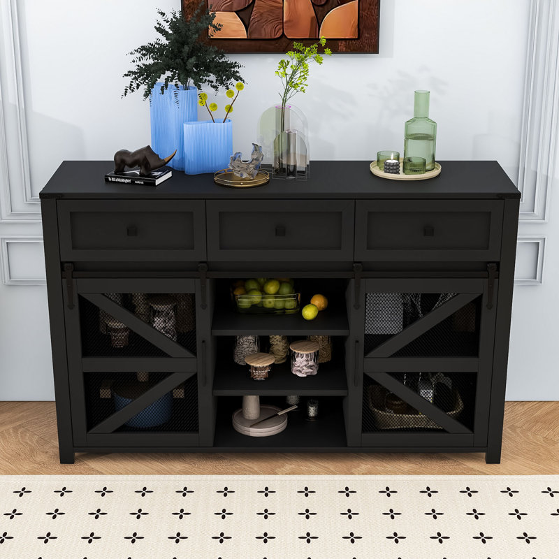 Modern Industrial Buffet Cabinet with Sliding Barn Doors, Adjustable Shelves, Black