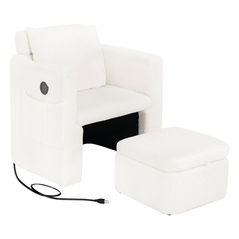 Barrel Accent Chair With Storage Ottoman, White