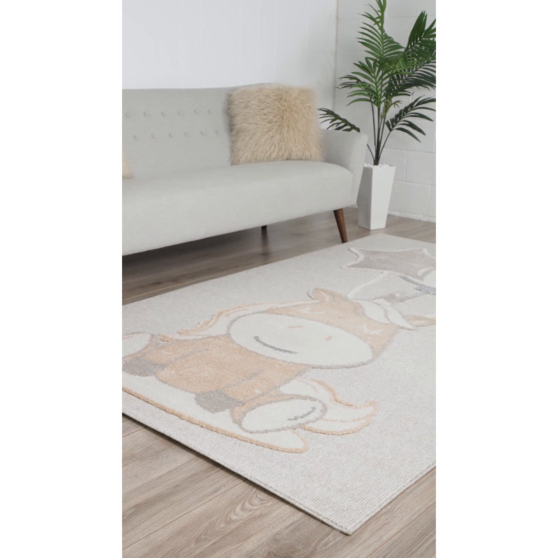 Gray and Peach Blossom Rectangular Floral Kids Rug, 4' x 6'