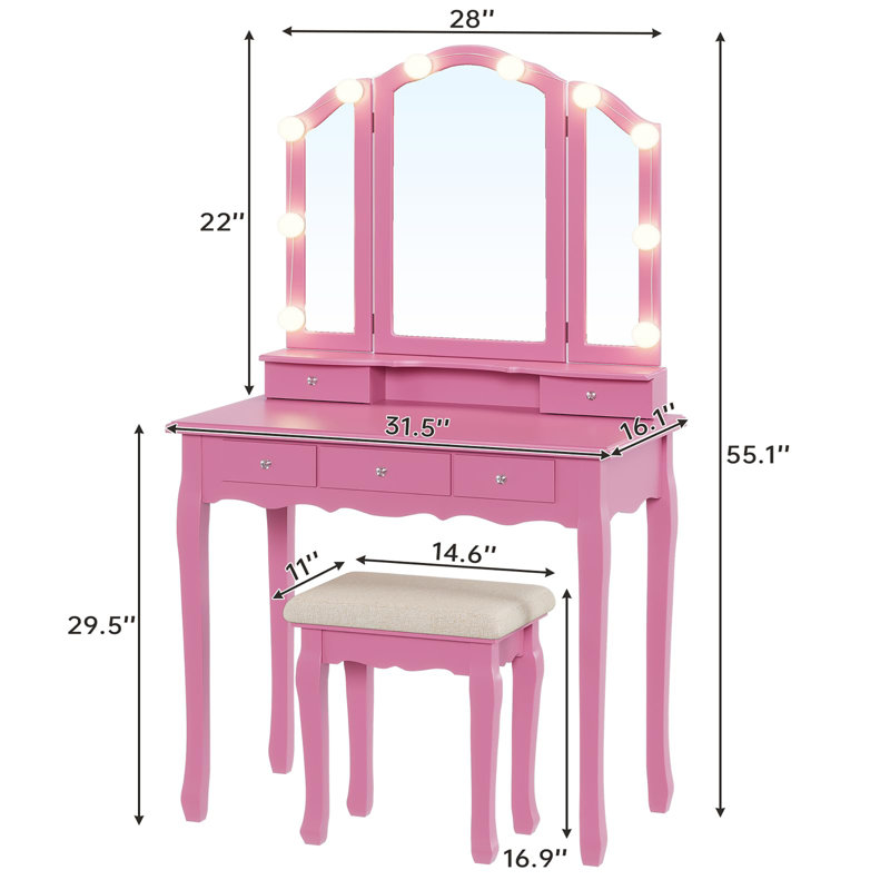 Vanity Desk with Tri-Fold Mirror and Lights, Pink
