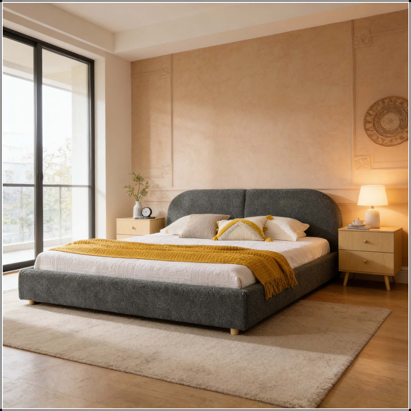 Structure de lit tapissier avec tête de lit haute incurvée, Très grand lit, Gris foncé