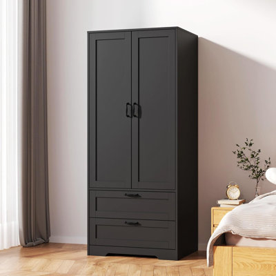 Wood Wardrobe Closet with Shelves and 2 Drawers,Freestanding Armoire Storage Cabinet for Hanging Clothes,Bedroom Wardrobe with Doors,White by Winston Porter