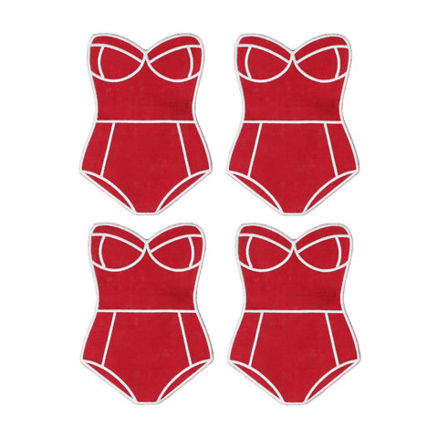 Four red retro swimsuit shaped coasters with white trim.