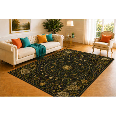 "Ultra Lightweight" 5'x7' Arcane Celestial Calendar Rug, Zodiac Wheel, Moon Phases and Astral Symbols, Smooth Printed Floor Cover for Bedroom, Study, Meditation Room and Mystical Home Decor