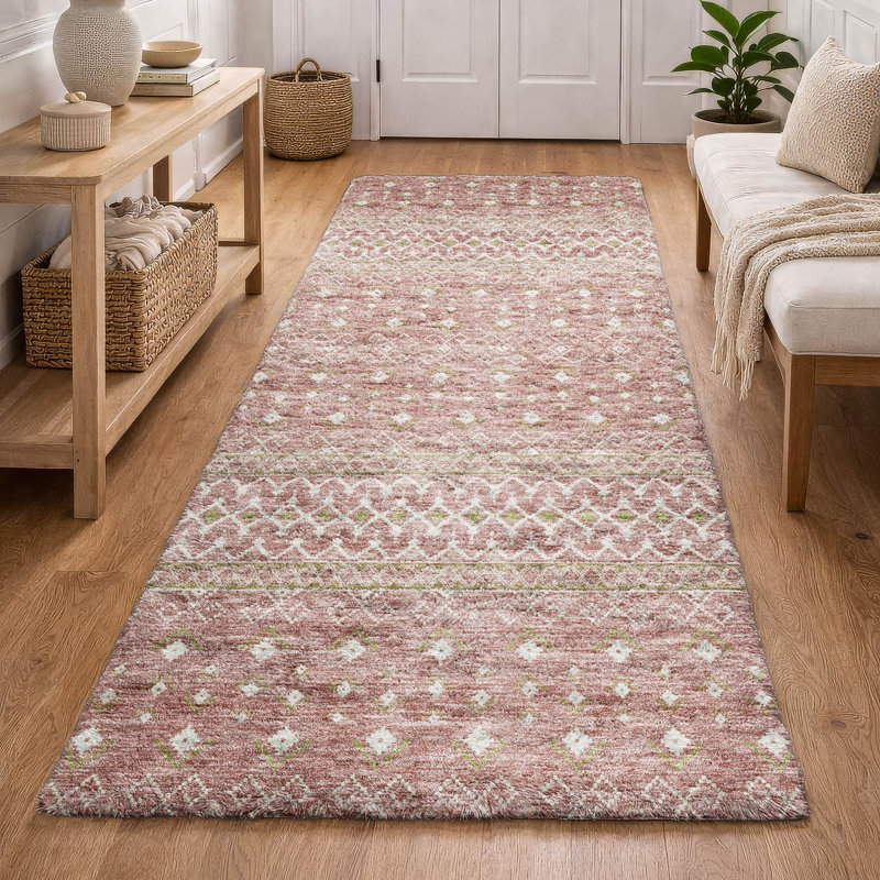 Tapis bohème ADS709 de qualité supérieure lavable à la machine, Rosé, Tapis de couloir 2 pi 3 po x 7 pi 6 po
