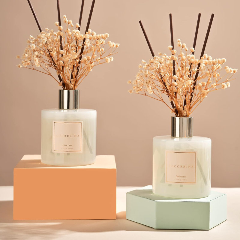 Ensemble de 2 diffuseurs à roseaux Cocorrína, parfum de lin pur, 6,7 onces chacun, parfum décoratif pour la maison avec bâtons de roseaux pour la salle de bain et l'espace de vie