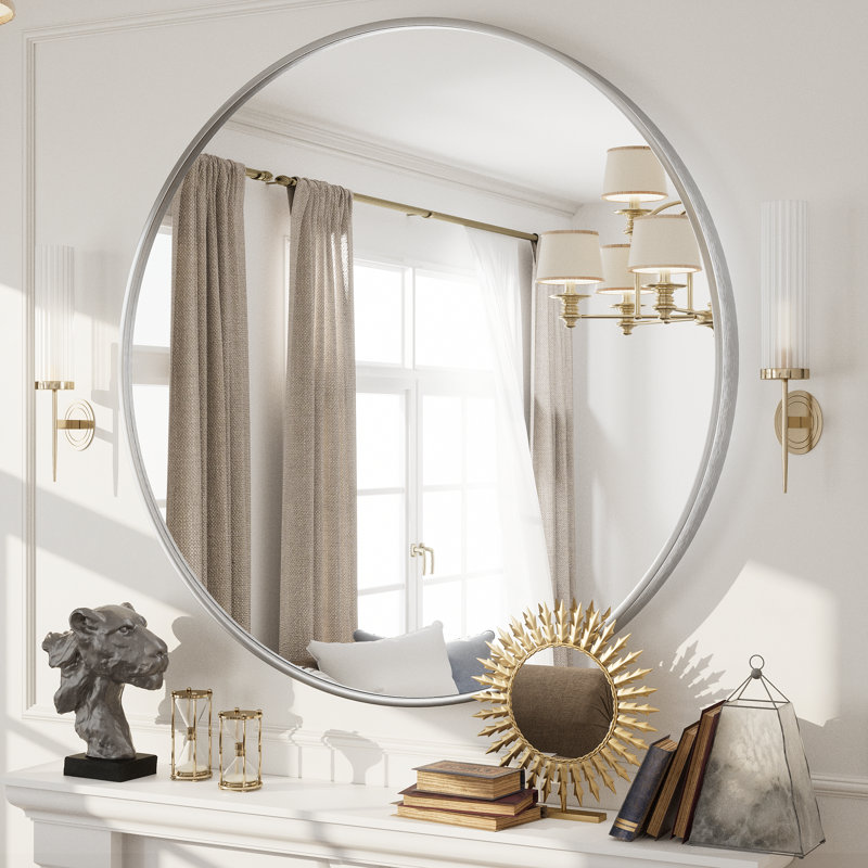 Molly Easy French Cleat Mounting Metal Alloy Wall Round Vanity And Dresser Bathroom Mirror, Silver, 40" x 40"