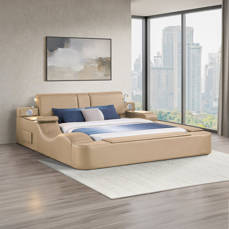 Ziora Smart Multi-Functional Bed with Massager, Bluetooth Speakers, and Reading Lights, King, Caramel