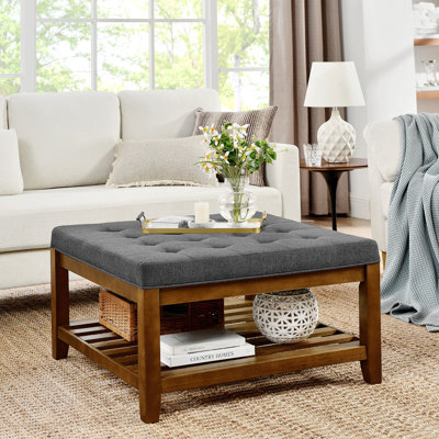 Upholstered  34.25"Square Coffee Table with Beech Wood Shelf and Frame