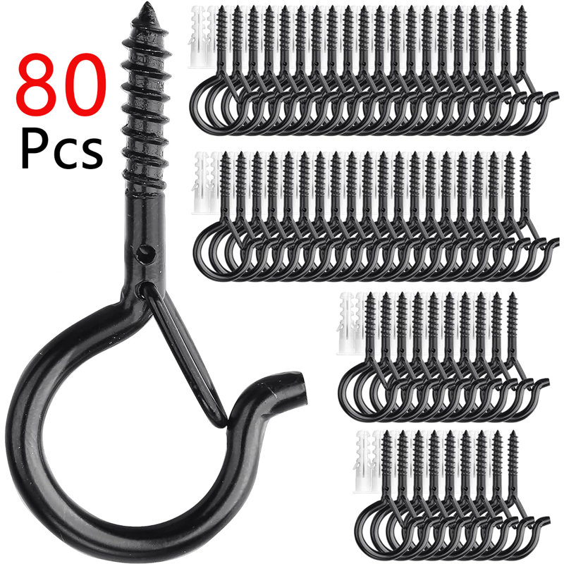 80 crochets de suspension Q avec boucle de sécurité, crochets à vis coupe-vent pour suspendre des guirlandes lumineuses d'extérieur, plantes, lumières de patio de Noël, 2,2 pouces, noir