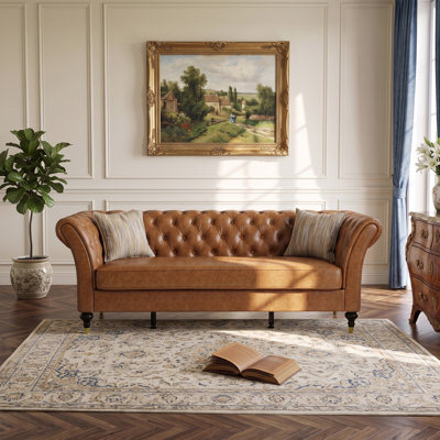 Canapé Chesterfield 3 places, canapé rembourré moderne avec dossier capitonné à boutons profonds, accoudoirs évasés, coussins amovibles, pieds en bois massif, 2 coussins décoratifs