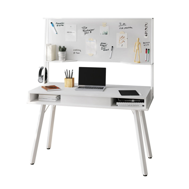 Bureau d'étude blanc multifonctionnel avec tableau magnétique effaçable à sec, tablettes de rangement et tiroir coulissant