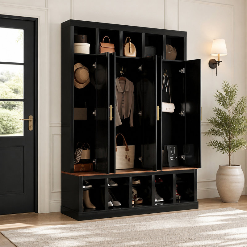 Meuble de rangement polyvalent pour entrée de style champêtre avec placard intégré, étagère à chaussures et casiers d'exposition